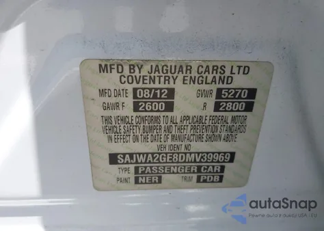 2013 Jaguar Xj Xjl Supercharged из США, поврежденный, VIN SAJWA2GE8DMV39969